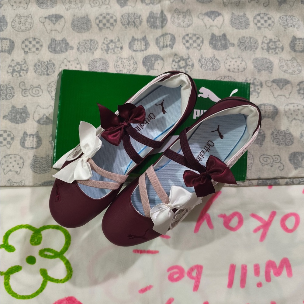 Puma Maroon and White Bow Strap Ballet Flats